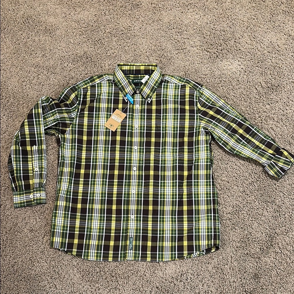 NWT Men’s Orvis Green & Black Plaid Active Fit Buttondown Shirt